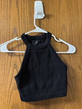 aerie Black Ribbed Halter Crop Tank